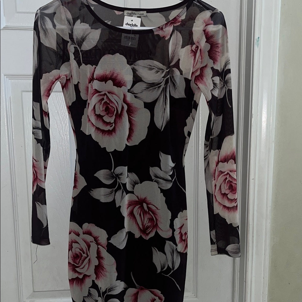 Charlotte Russe Black and Pink Floral Long Sleeve Dress